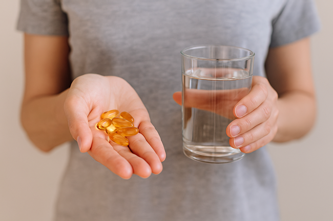 Frau hält Omega-3-Kapseln in der Hand und ein Glas Wasser in der anderen.